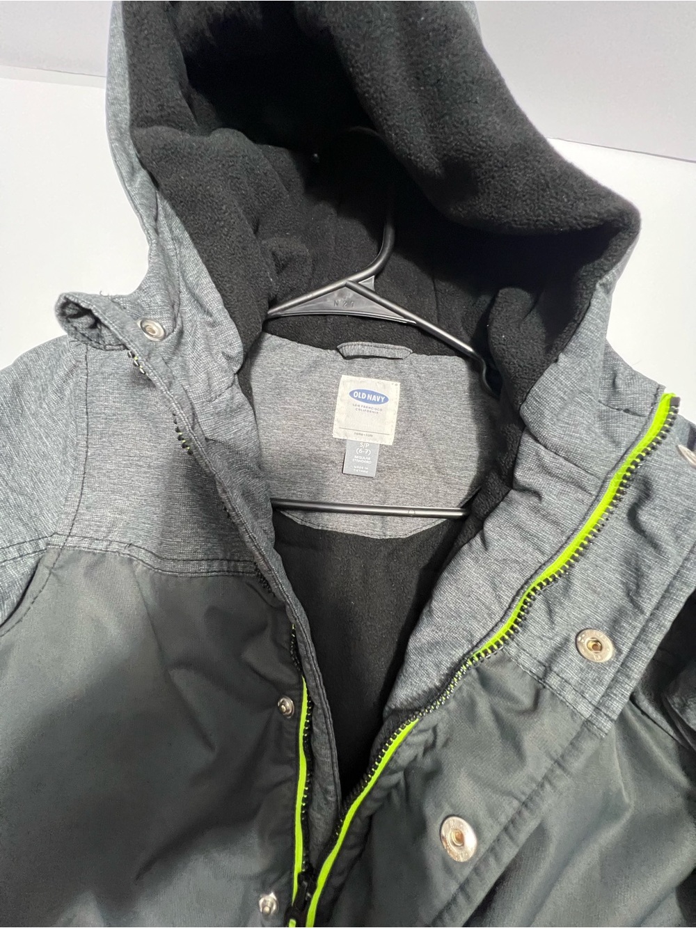 Old Navy Boys' Gray & Black Hooded Puffer Jacket with Neon Green Trim